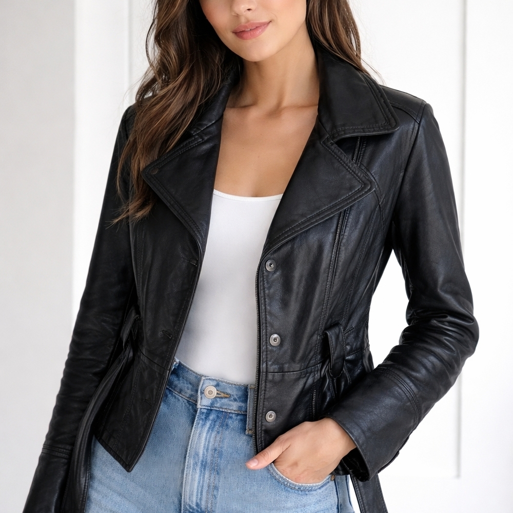 Linea Donatella Black Leather Notched Collar Jacket